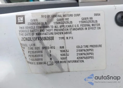 2005 Chevrolet Equinox Ls из США, поврежденный, VIN 2CNDL13FX56063938